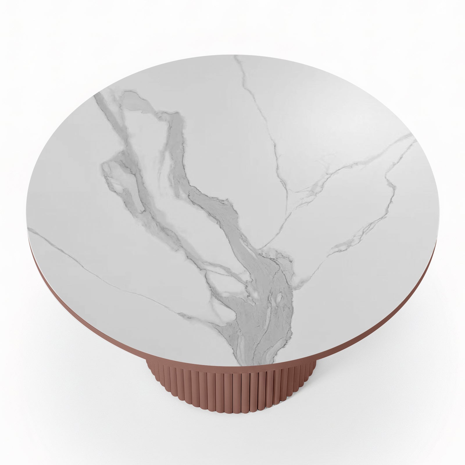 Top view of the Evone 4 Seater Stone Outdoor Dining Table Set in Terracotta, featuring a round marble-look tabletop and a fluted cylindrical base, perfect for stylish outdoor dining.