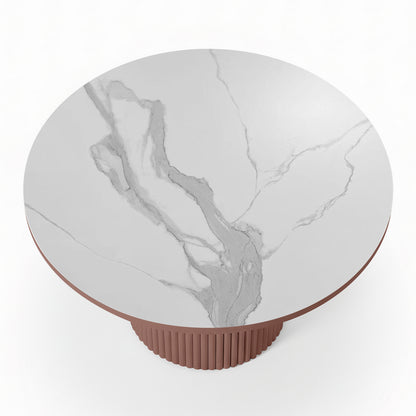 Top view of the Evone 4 Seater Stone Outdoor Dining Table Set in Terracotta, featuring a round marble-look tabletop and a fluted cylindrical base, perfect for stylish outdoor dining.