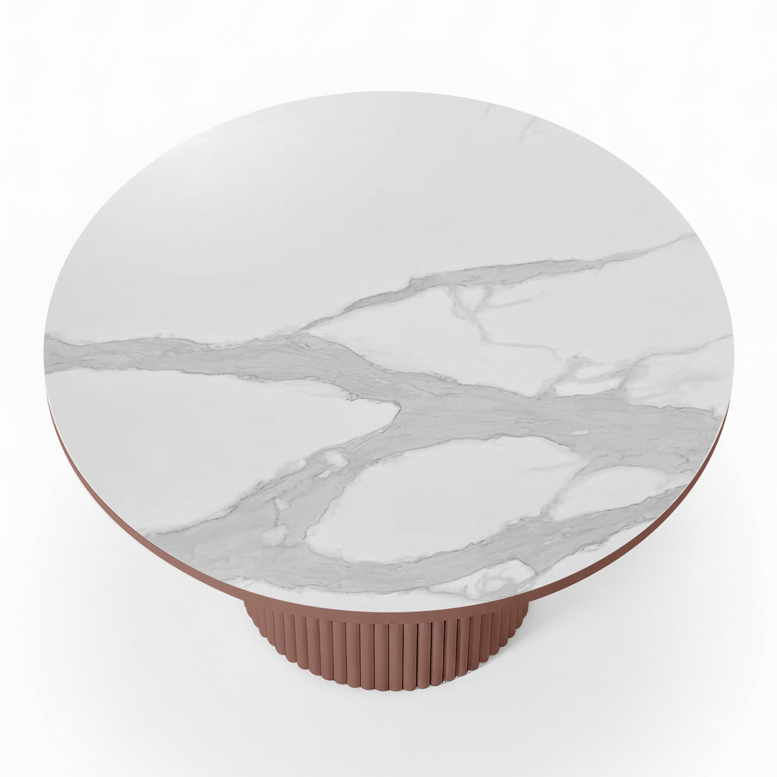 Top view of the Evone 4 Seater Stone Outdoor Dining Table Set in Terracotta, featuring a round marble-look tabletop and a fluted cylindrical base, perfect for stylish outdoor dining.