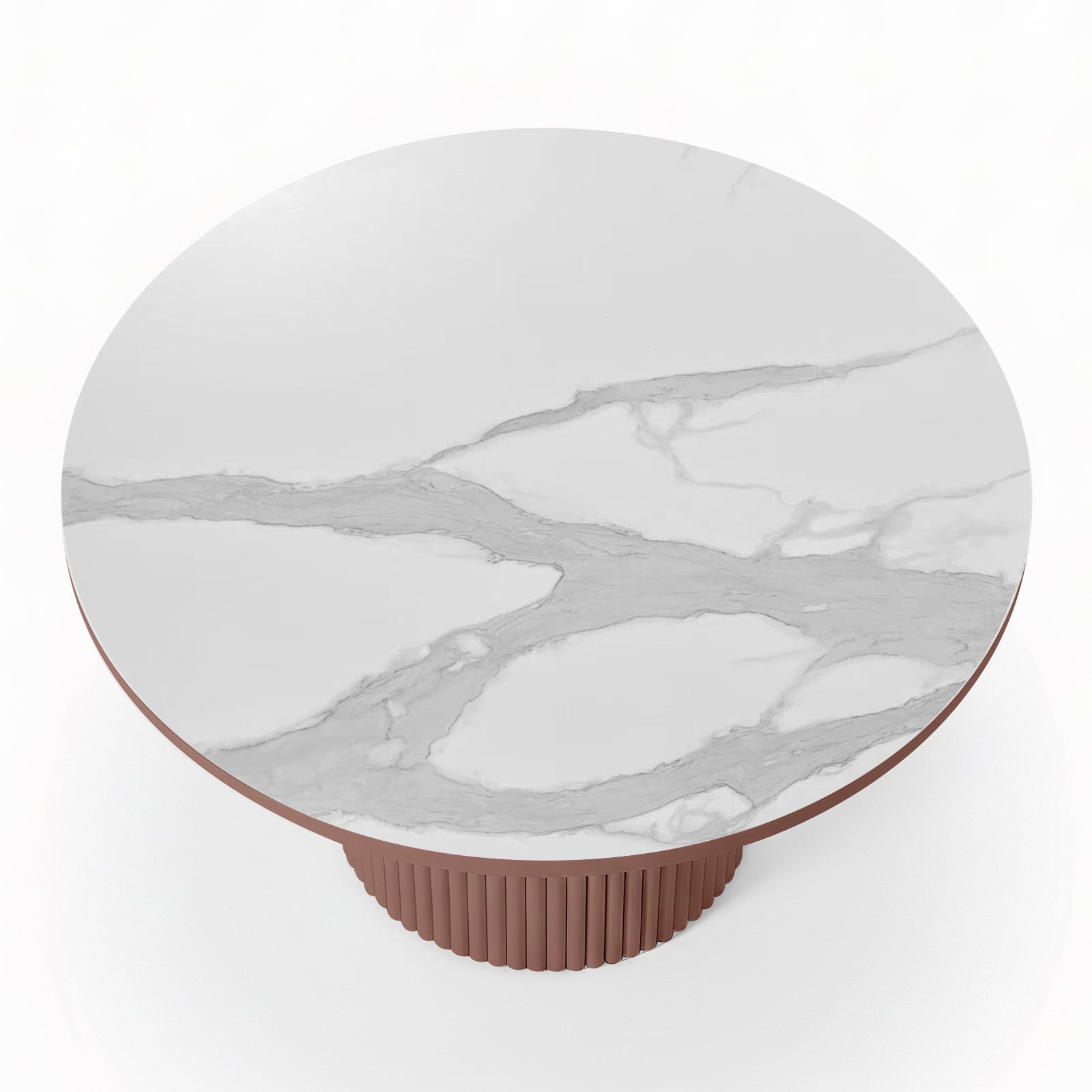 Top view of the Evone 4 Seater Stone Outdoor Dining Table Set in Terracotta, featuring a round marble-look tabletop and a fluted cylindrical base, perfect for stylish outdoor dining.