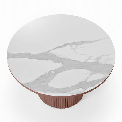 Top view of the Evone 4 Seater Stone Outdoor Dining Table Set in Terracotta, featuring a round marble-look tabletop and a fluted cylindrical base, perfect for stylish outdoor dining.