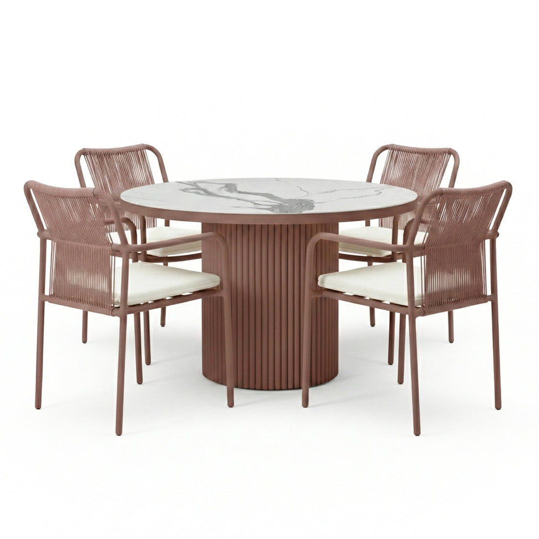 Evone 4 Seater Stone Outdoor Dining Table Set in Terracotta features a round marble-look tabletop and four armchairs with woven backrests and light cushions, perfect for stylish alfresco dining.