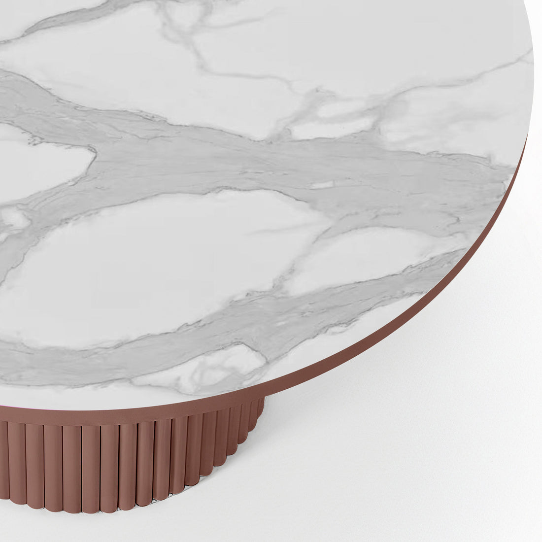 Evone 4 Seater Stone Outdoor Dining Table Set in Terracotta features a round white marble tabletop on a warm brown ribbed cylindrical base, showcasing a modern, elegant design.