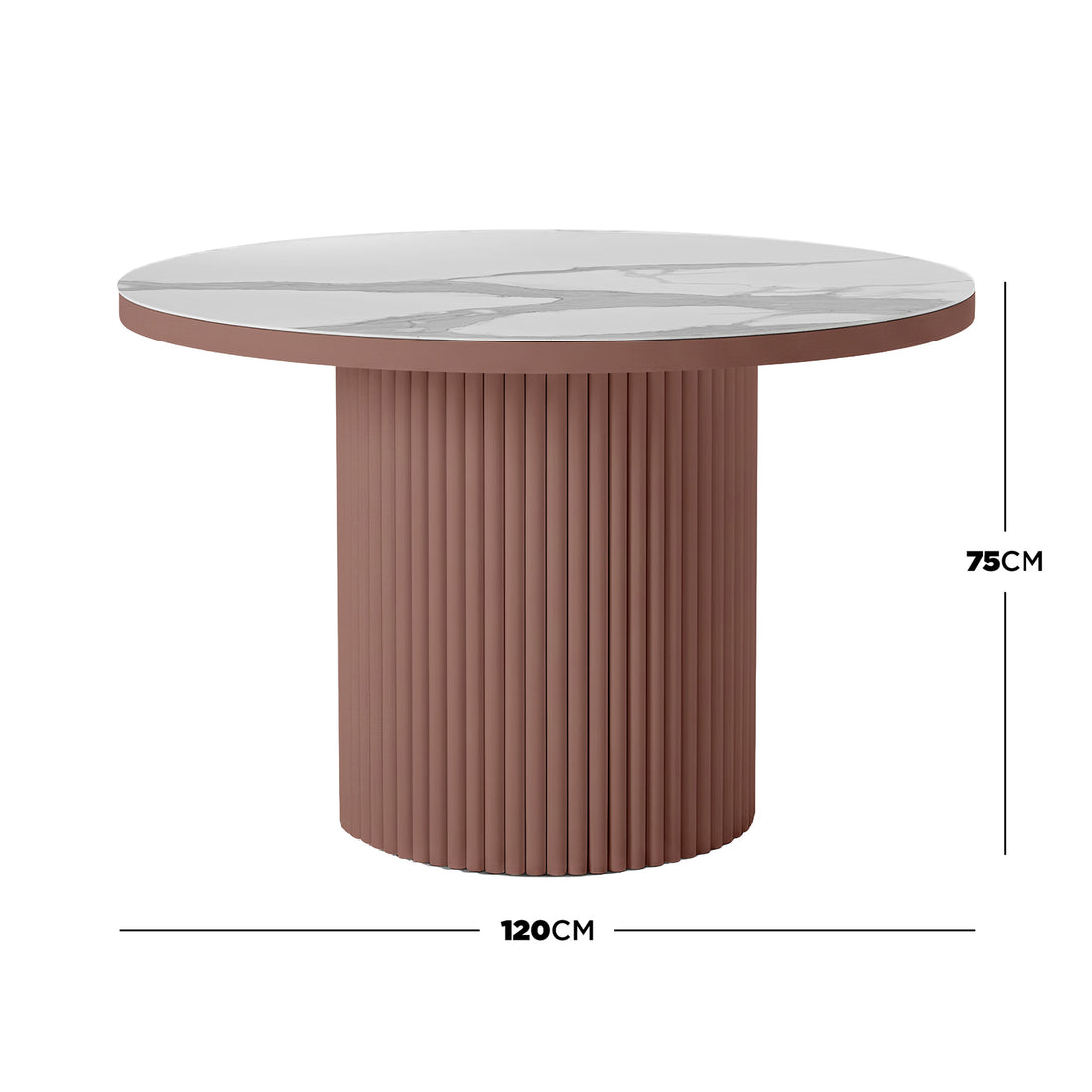 Evone 4 Seater Stone Outdoor Dining Table Set features a 120 cm marble-style round tabletop on a fluted terracotta pedestal, perfect for stylish, compact outdoor dining.