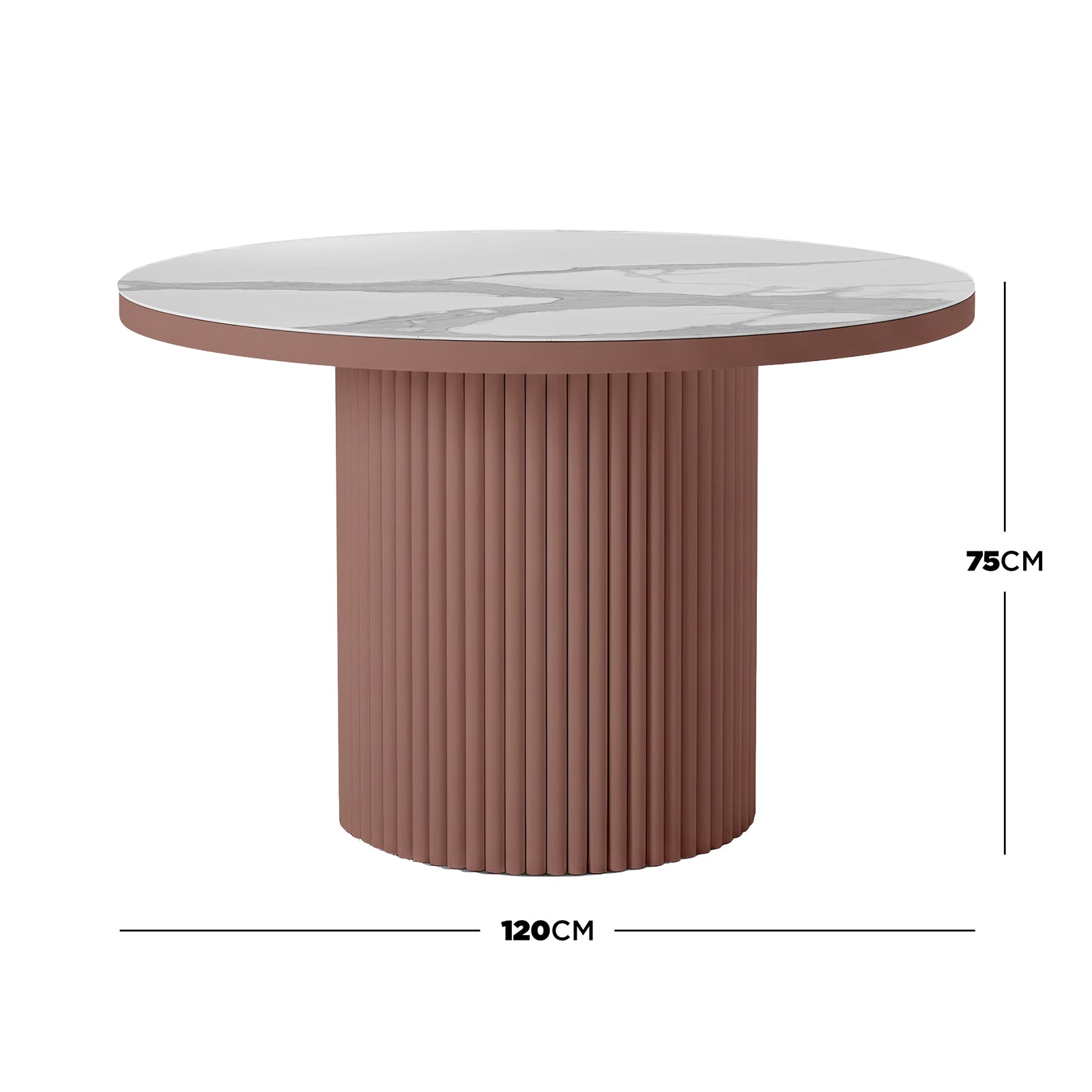 Evone 4 Seater Stone Outdoor Dining Table Set features a 120 cm marble-style round tabletop on a fluted terracotta pedestal, perfect for stylish, compact outdoor dining.