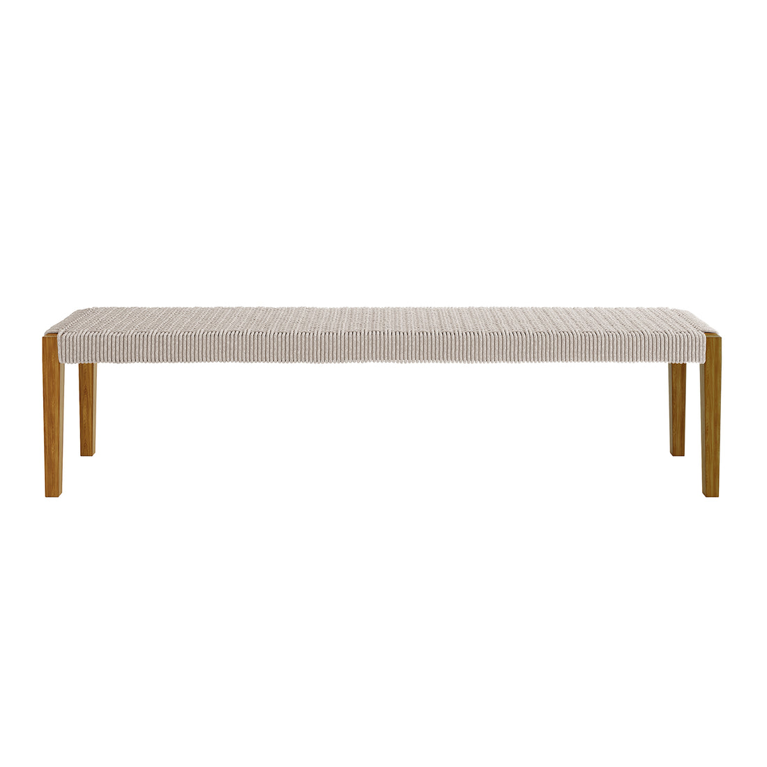 Fentan 4 Seater Solid Timber Outdoor Bench - Beige; close-up shows solid acacia wood with smooth finish and sturdy rope design, highlighting spacious seating for outdoor use.