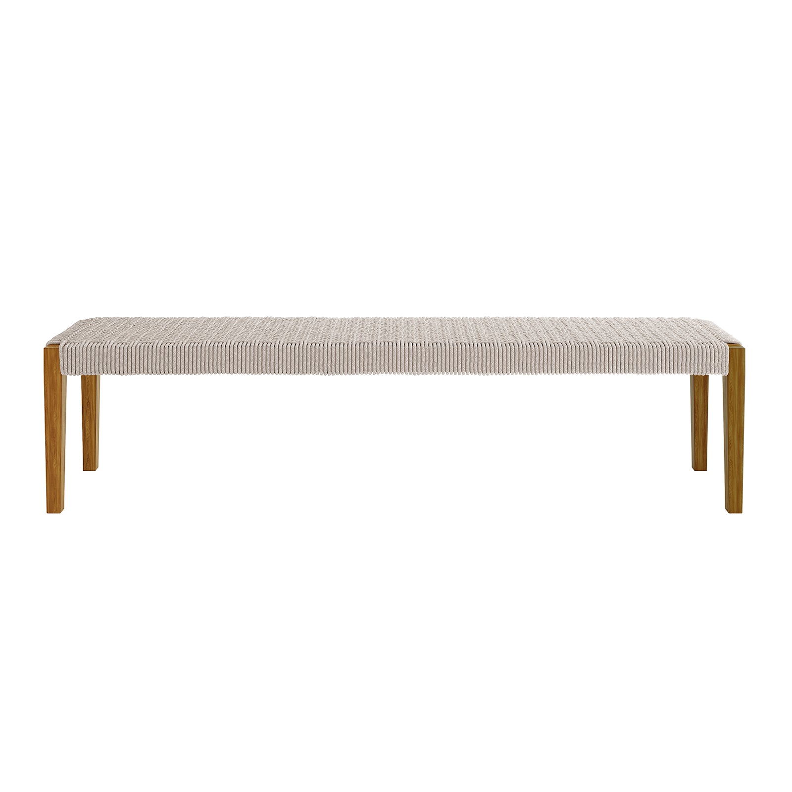 Fentan 4 Seater Solid Timber Outdoor Bench - Beige; close-up shows solid acacia wood with smooth finish and sturdy rope design, highlighting spacious seating for outdoor use.