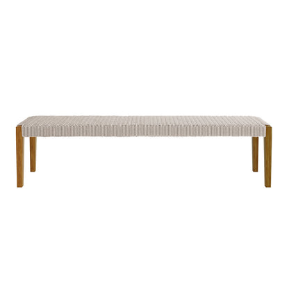 Fentan 4 Seater Solid Timber Outdoor Bench - Beige; close-up shows solid acacia wood with smooth finish and sturdy rope design, highlighting spacious seating for outdoor use.