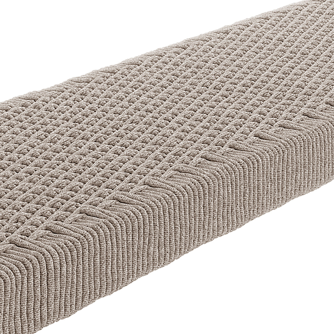 Close-up of the Fentan 4 Seater Solid Timber Outdoor Bench, showcasing its smooth acacia wood texture and weather-resistant rope design, perfect for spacious seating in outdoor settings.