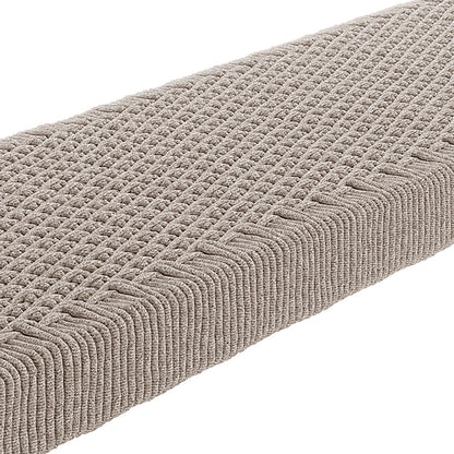 Close-up of the Fentan 4 Seater Solid Timber Outdoor Bench, showcasing its smooth acacia wood texture and weather-resistant rope design, perfect for spacious seating in outdoor settings.