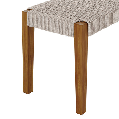 Fentan 4 Seater Solid Timber Outdoor Bench - Beige, showcasing close-up of sturdy acacia wood with a smooth finish, and a simple rope design, ideal for outdoor seating and gatherings.