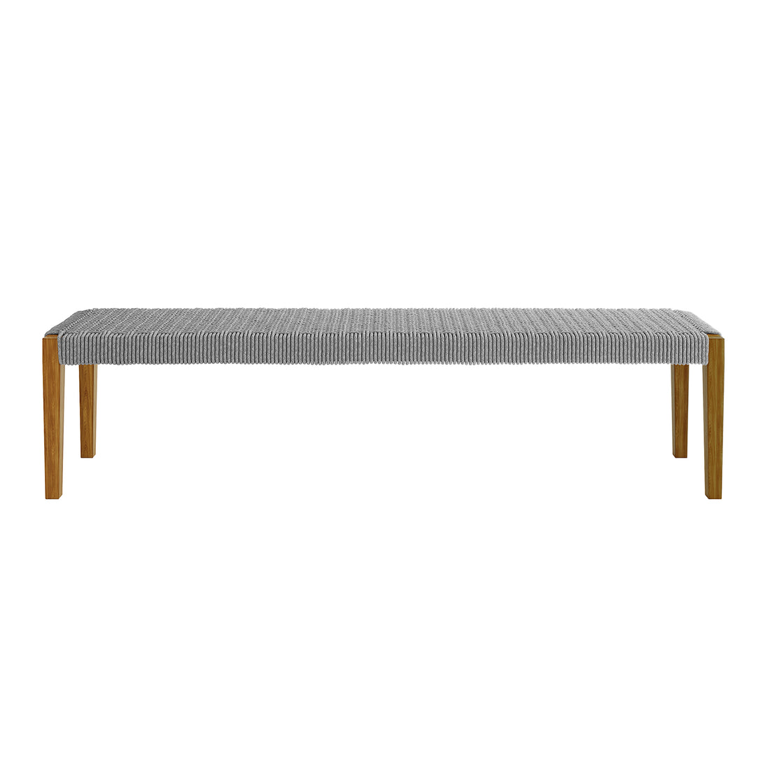 Fentan 4 Seater Solid Timber Outdoor Bench - Light Grey, showcasing a sturdy acacia wood build with weather-resistant rope design and spacious seating, perfect for enhancing outdoor living areas.