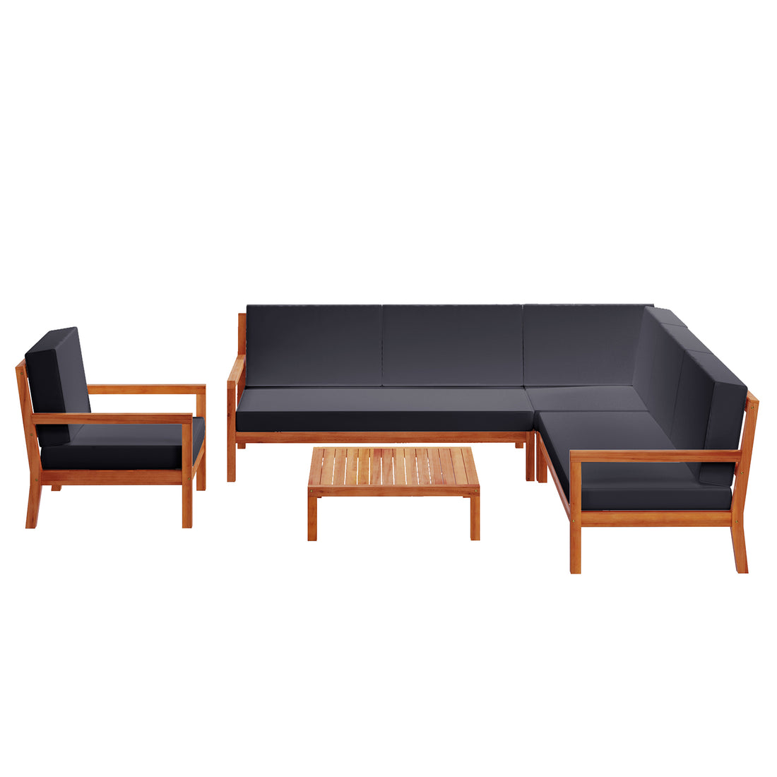 Haiti 7 Seater Outdoor Timber Corner Sofa Set Black, featuring sleek design, robust construction with wooden armrests, and a black cushioned seating, set against a wooden chair and table backdrop.