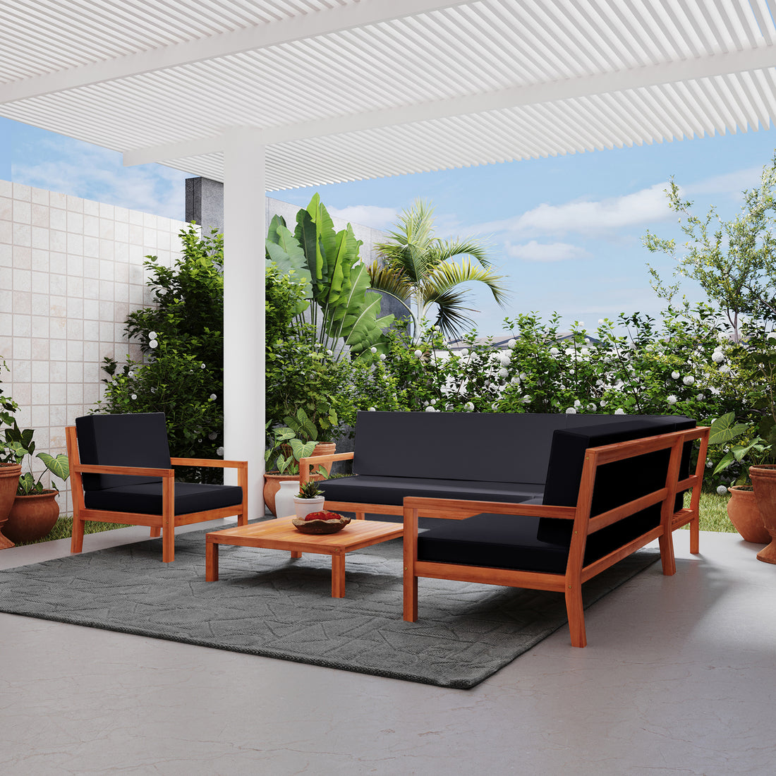 Haiti 7 Seater Outdoor Timber Corner Sofa Set Black, featuring robust eucalyptus timber frame, plush cushions, and spacious seating, is elegantly arranged on a patio, showcasing its stylish design and outdoor suitability.