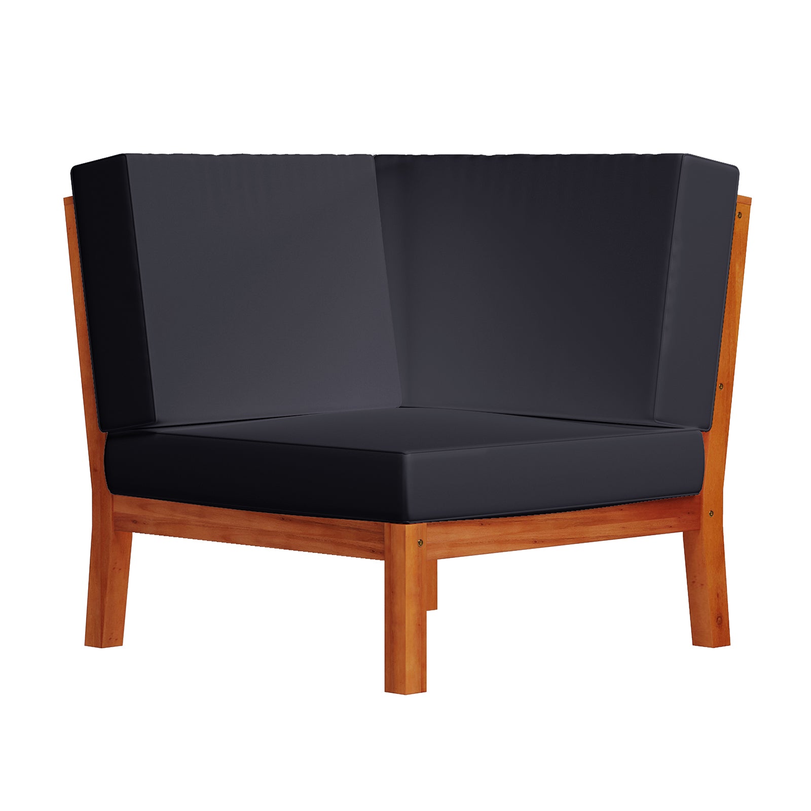 Haiti 7 Seater Outdoor Timber Corner Sofa Set Black featuring a close-up of a black chair with wooden legs, highlighting its robust construction and premium fabric upholstery suitable for outdoor use.