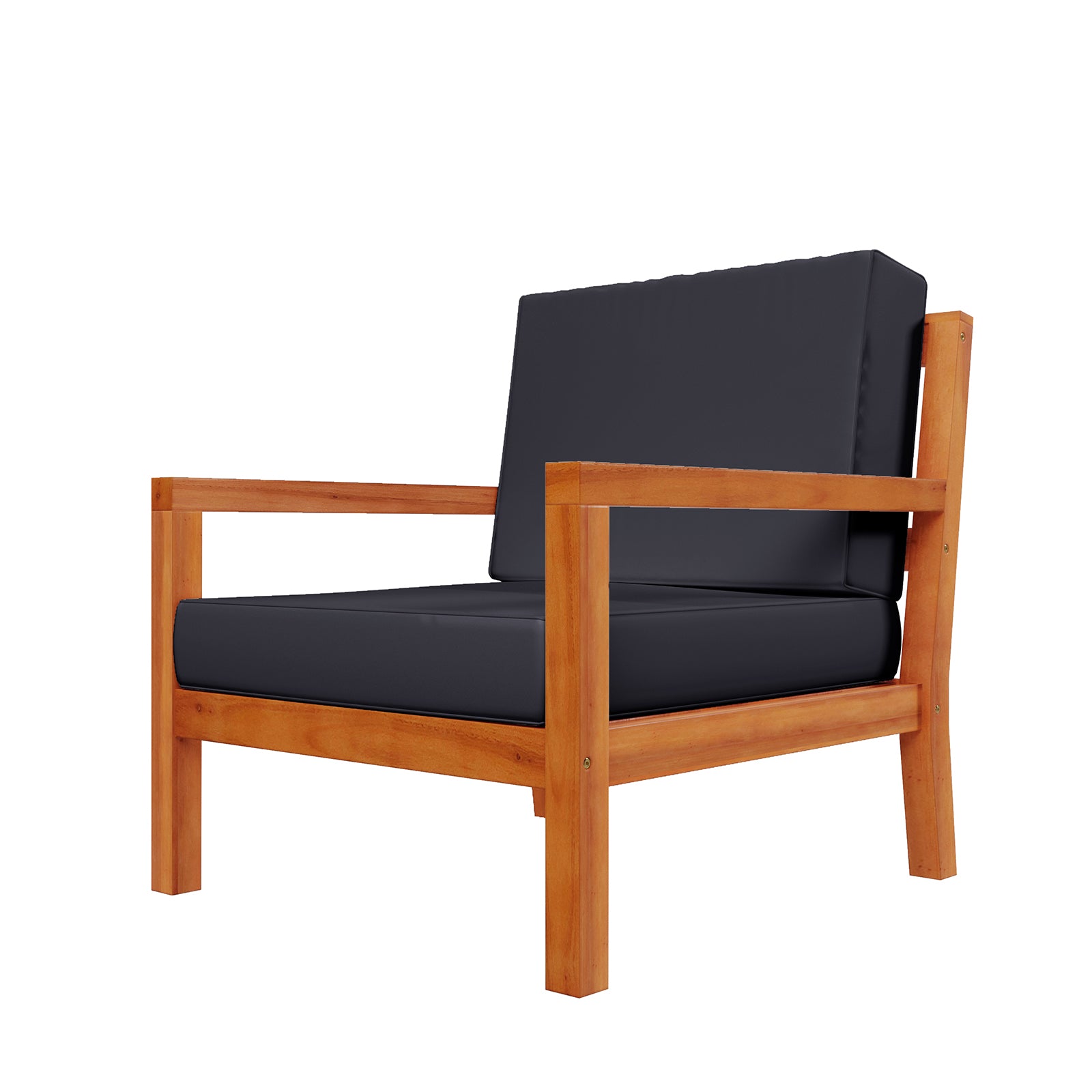 Close-up of Haiti 7 Seater Outdoor Timber Corner Sofa Set Black, featuring a sleek black chair with wooden armrests, showcasing its elegant design and robust construction suitable for both indoor and outdoor use.