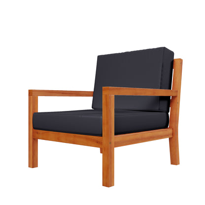 Close-up of Haiti 7 Seater Outdoor Timber Corner Sofa Set Black, featuring a sleek black chair with wooden armrests, showcasing its elegant design and robust construction suitable for both indoor and outdoor use.