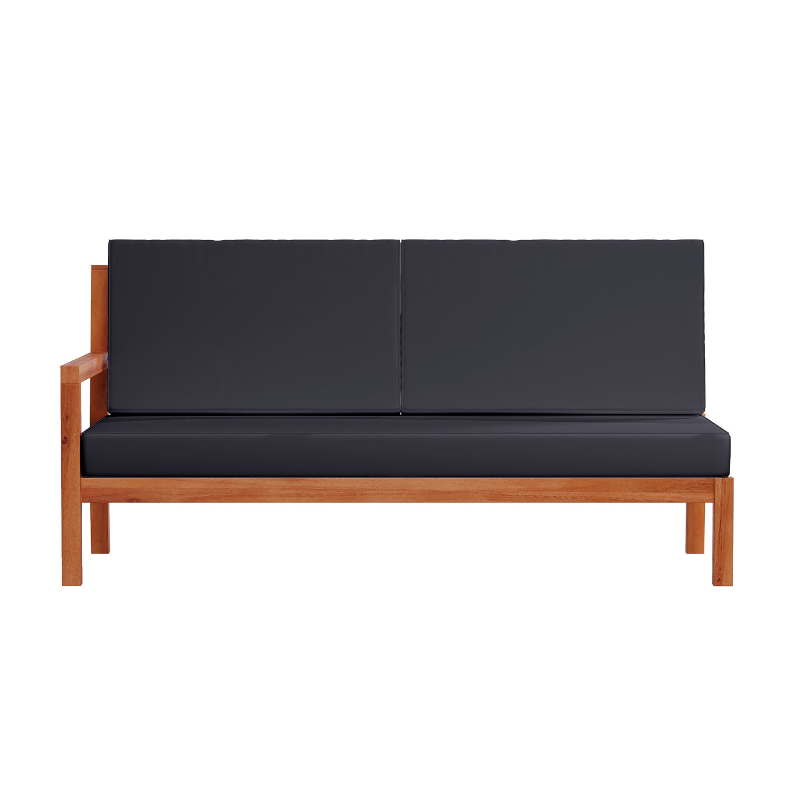 Haiti 7 Seater Outdoor Timber Corner Sofa Set Black featuring a sleek design with robust wooden legs and plush cushions, suitable for both indoor and outdoor use.