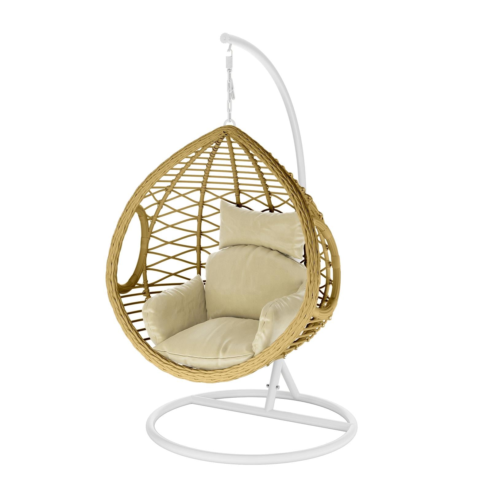 Hilda Large Outdoor Hanging Egg Chair & Cushion in Natural, featuring a teardrop-shaped rattan-style seat on a white metal stand, with a plush light-beige cushion for comfort.