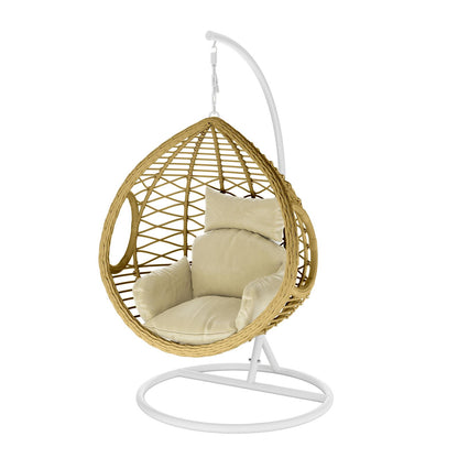Hilda Large Outdoor Hanging Egg Chair & Cushion in Natural, featuring a teardrop-shaped rattan-style seat on a white metal stand, with a plush light-beige cushion for comfort.