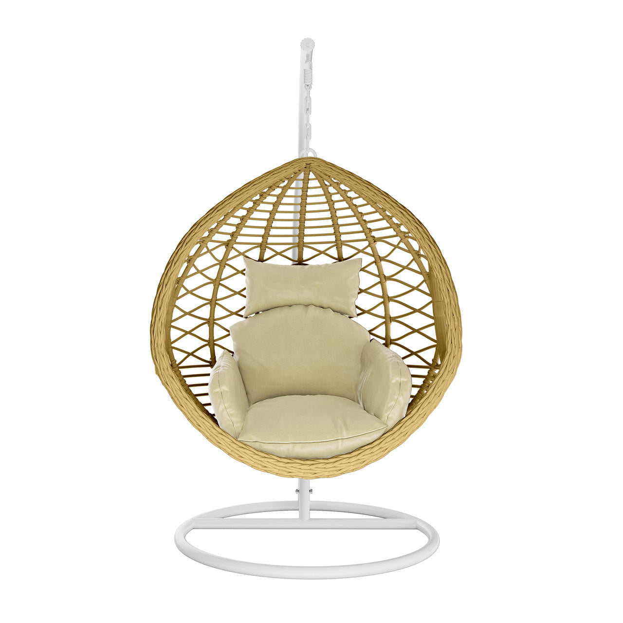 Hilda Large Outdoor Hanging Egg Chair with Handle, showcasing its wicker design and plush cushion, perfect for enhancing backyard comfort and style.