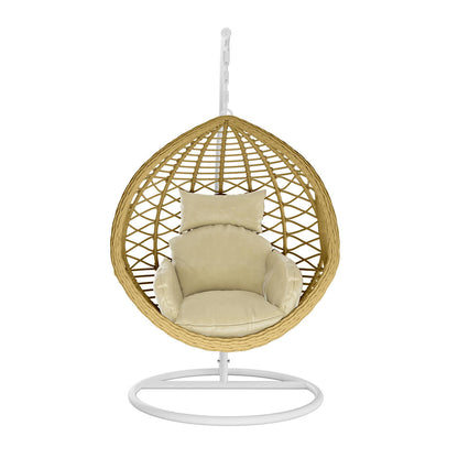 Hilda Large Outdoor Hanging Egg Chair with Handle, showcasing its wicker design and plush cushion, perfect for enhancing backyard comfort and style.