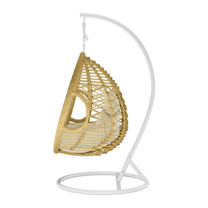 Hilda Large Outdoor Hanging Egg Chair & Cushion in Natural, featuring a woven teardrop-shaped rattan design, padded cushion, suspended from a white metal stand, ideal for indoor or outdoor relaxation.