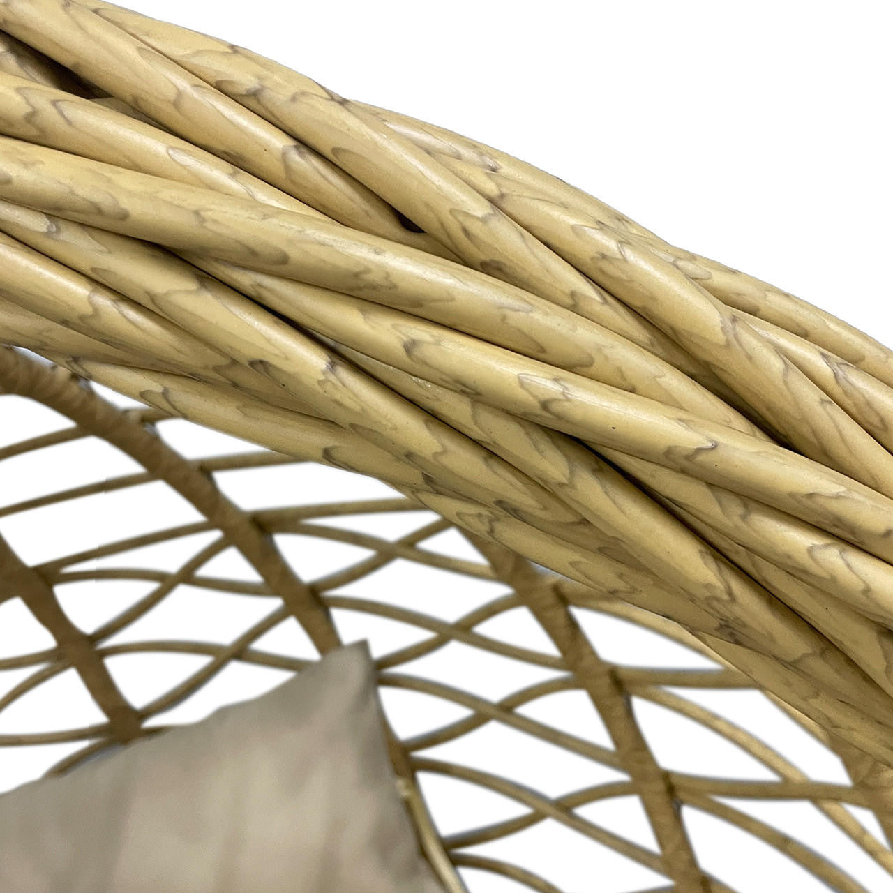 Hilda Large Outdoor Hanging Egg Chair & Cushion in Natural, showcasing a close-up of its woven wicker frame with thick twisted strands and a lattice caning, featuring a visible upholstered cushion edge.