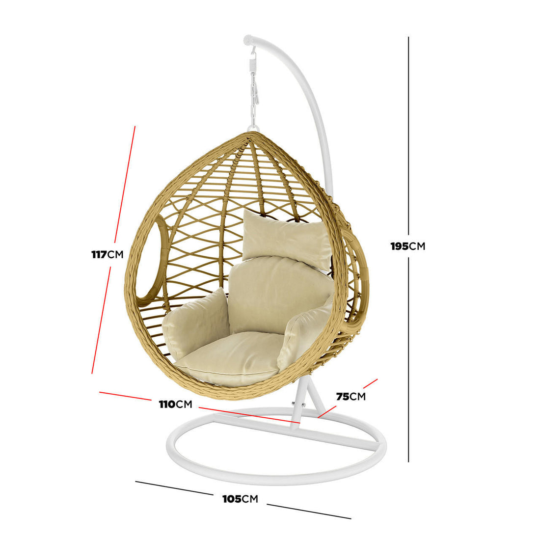 Hilda Large Outdoor Hanging Egg Chair & Cushion in Natural, featuring a woven rattan basket on a white metal frame, includes a padded seat cushion and back pillow, ideal for outdoor seating.