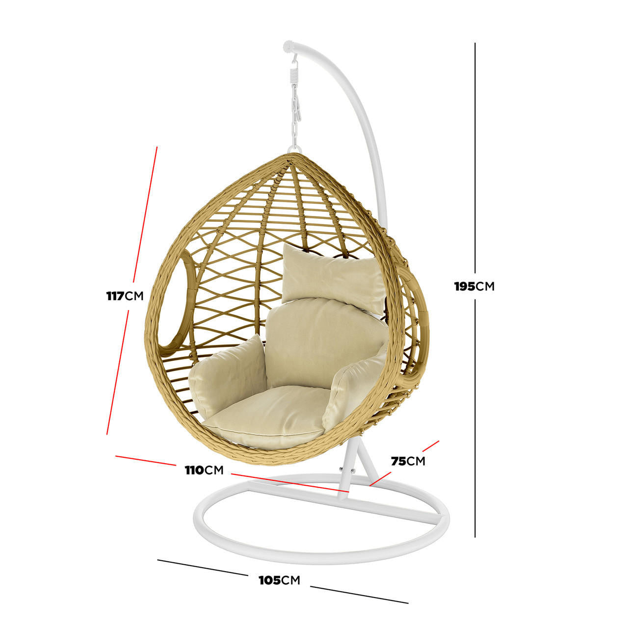Hilda Large Outdoor Hanging Egg Chair & Cushion in Natural, featuring a woven rattan basket on a white metal frame, includes a padded seat cushion and back pillow, ideal for outdoor seating.