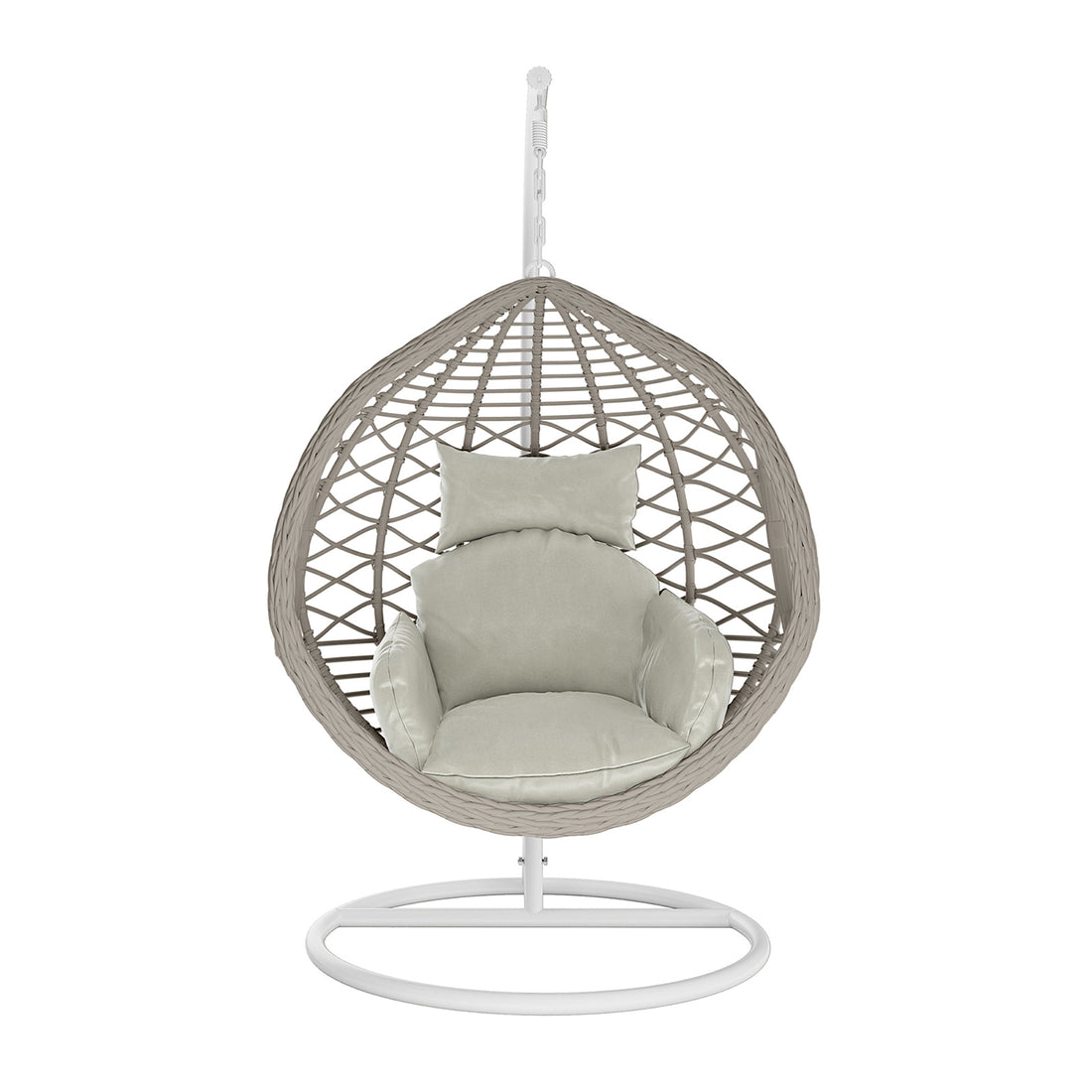 Hilda Large Outdoor Hanging Egg Chair & Cushion in Sage features a woven wicker-style shell on a metal stand, with plush light-beige cushions for comfort, ideal for versatile indoor and outdoor seating.