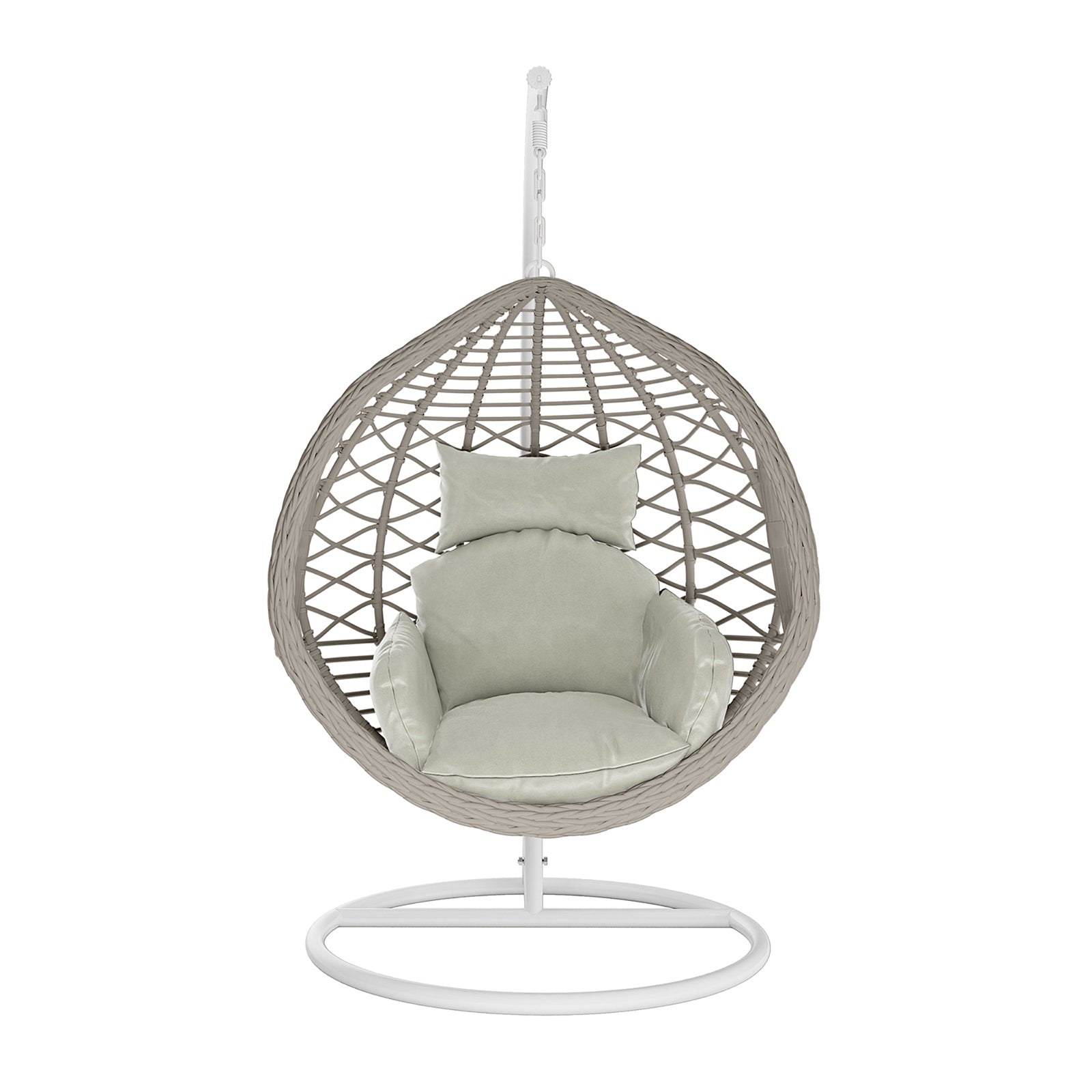 Hilda Large Outdoor Hanging Egg Chair & Cushion in Sage features a woven wicker-style shell on a metal stand, with plush light-beige cushions for comfort, ideal for versatile indoor and outdoor seating.
