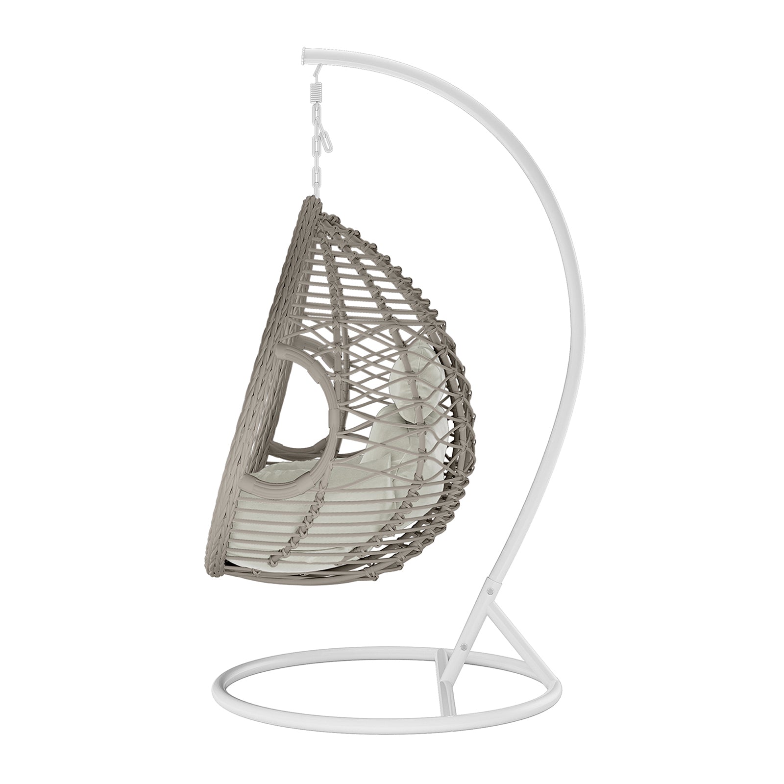 Hilda Large Outdoor Hanging Egg Chair & Cushion in Sage, featuring a woven rattan design suspended on a curved metal stand, with a cushioned seat for lounging. Ideal for both indoor and outdoor use.