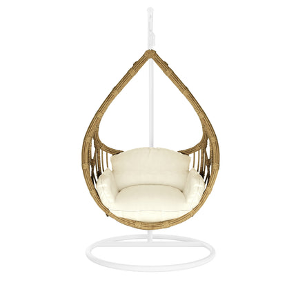 Hookipa Outdoor Rattan Egg Chair with Cushion in Cream White, featuring a woven natural-tone rattan shell on a white metal frame, and a plush off-white cushion providing comfort and style.