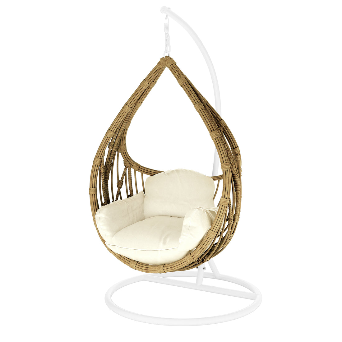 Hookipa Outdoor Rattan Egg Chair with Cushion in Cream White, featuring a teardrop shape, wicker-style weave on a white stand, with a plush, off-white cushion for comfort and relaxation.