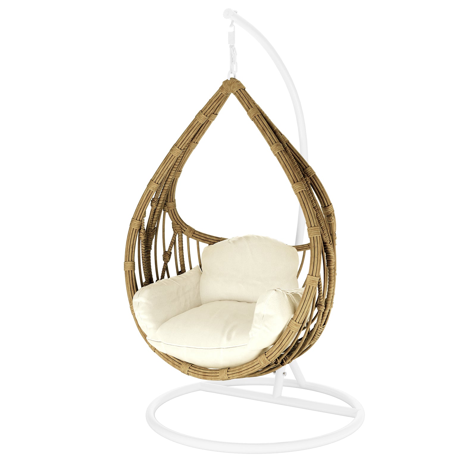 Hookipa Outdoor Rattan Egg Chair with Cushion in Cream White, featuring a teardrop shape, wicker-style weave on a white stand, with a plush, off-white cushion for comfort and relaxation.