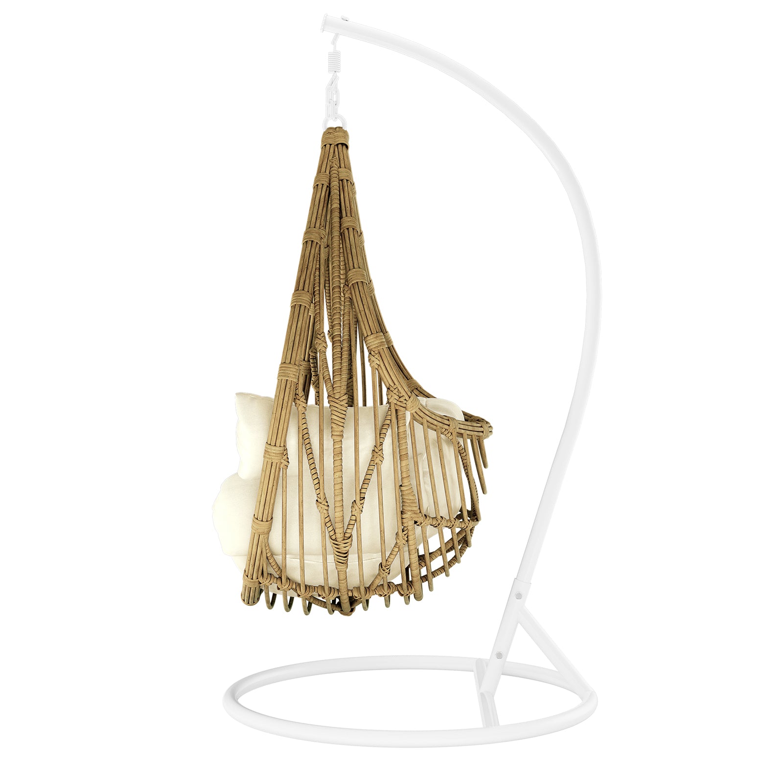 Hookipa Outdoor Rattan Egg Chair with Cushion in Cream White, featuring a woven rattan design, tear-drop shape, and plush off-white seating cushions, suspended from a sturdy metal frame.