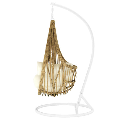 Hookipa Outdoor Rattan Egg Chair with Cushion in Cream White, featuring a woven rattan design, tear-drop shape, and plush off-white seating cushions, suspended from a sturdy metal frame.