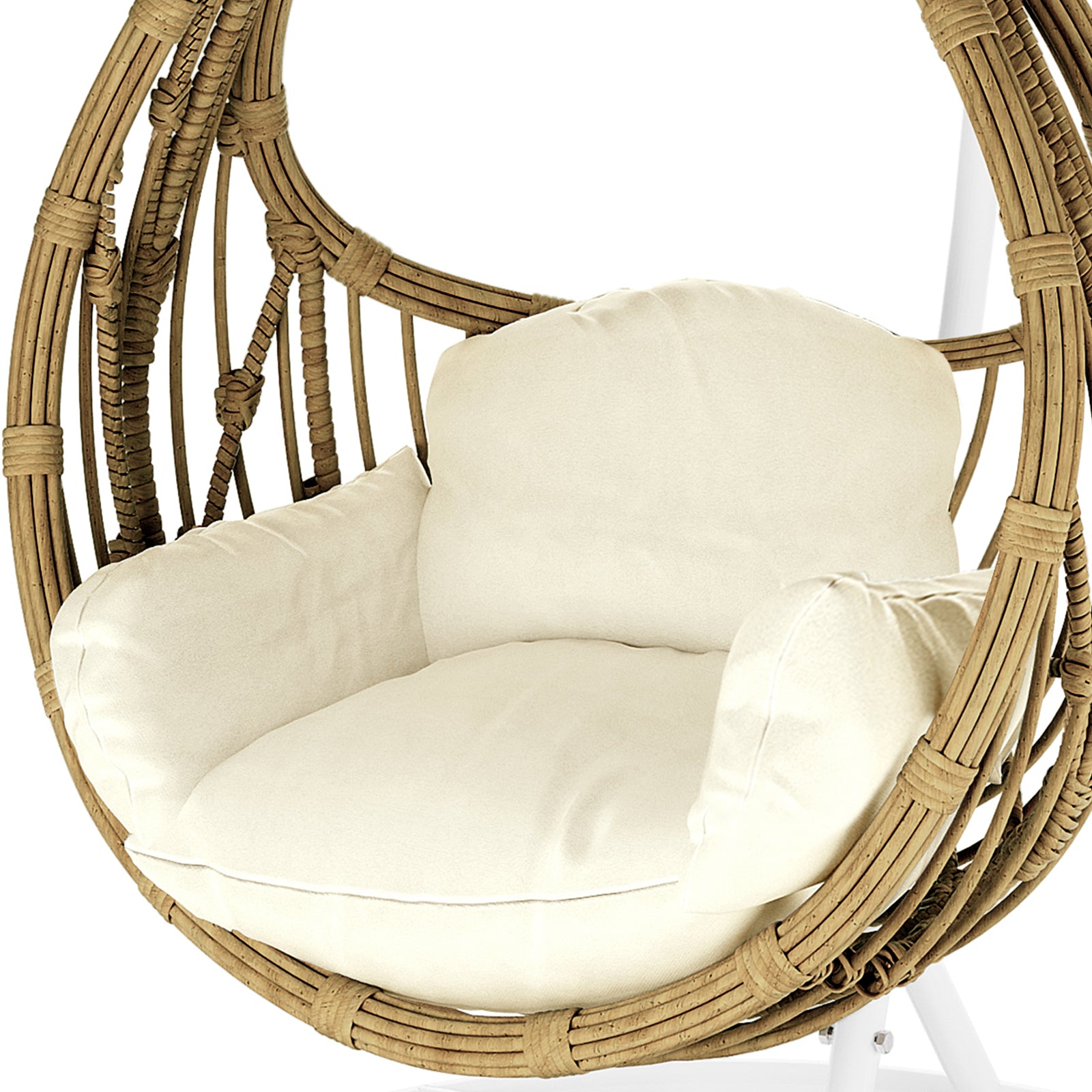 Hookipa Outdoor Rattan Egg Chair with Cushion in Cream White, showcasing a woven rattan shell with a thick cushion and padded armrests, suspended for a stylish indoor or outdoor seating option.