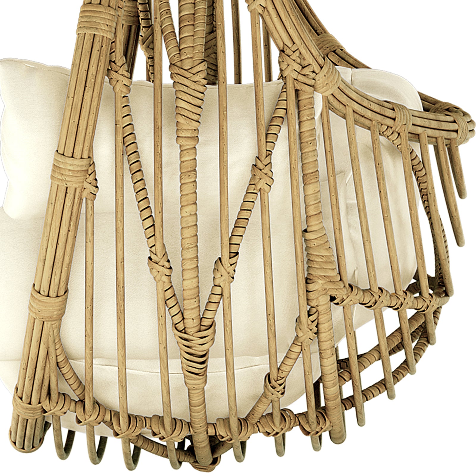 Close-up of the Hookipa Outdoor Rattan Egg Chair with Cushion in Cream White, showcasing its woven rattan texture and a light-colored cushion nestled inside, emphasizing its cozy, durable design for outdoor use.