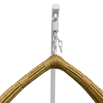 Hookipa Outdoor Rattan Egg Chair with Cushion in Cream White features visible suspension hardware, including a white powder-coated metal support post, coiled spring, white chain, and the top corner of the woven rattan frame.