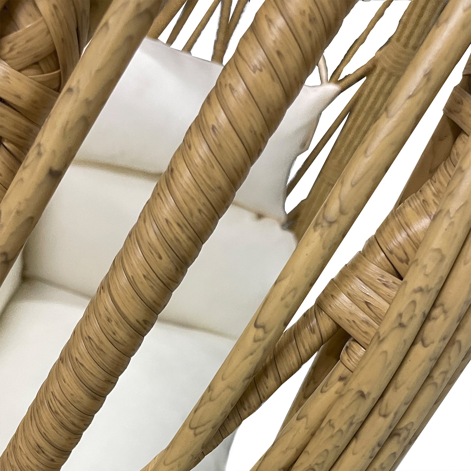 Close-up of Hookipa Outdoor Rattan Egg Chair with Cushion in Cream White, showcasing woven rattan frame and visible white cushion, highlighting its stylish design and comfort for indoor or outdoor spaces.