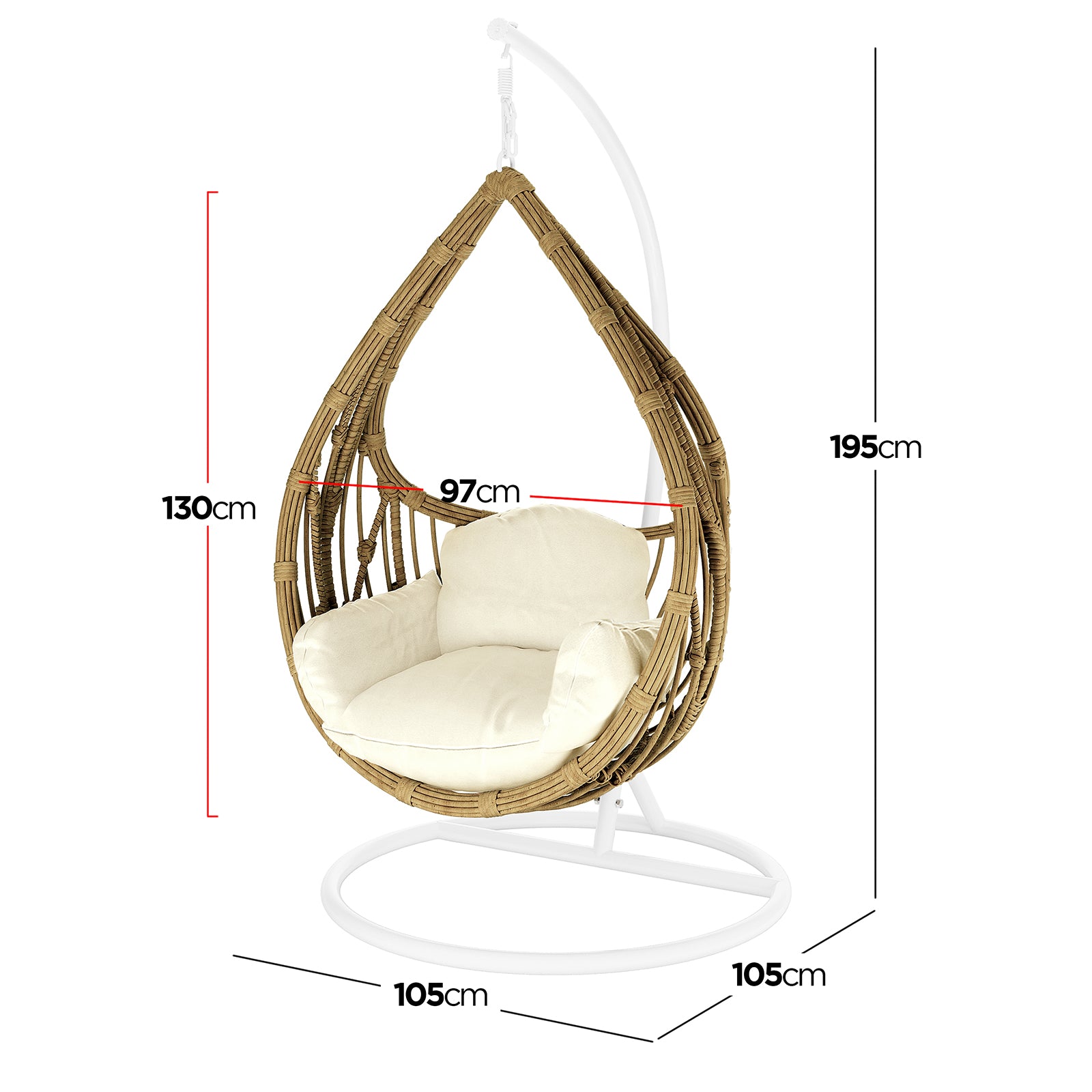 Hookipa Outdoor Rattan Egg Chair with Cushion in Cream White, featuring a woven rattan shell on a metal stand, padded seat, and back cushion. Dimensions: 97cm wide, 195cm tall, 105cm base diameter.