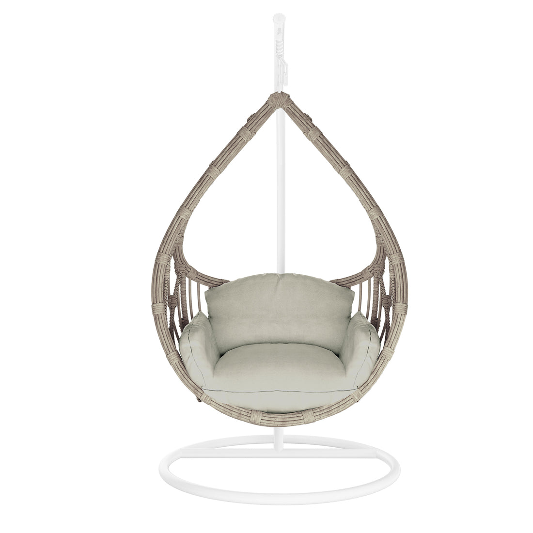 Hookipa Outdoor Rattan Egg Chair with Cushion in Sage, featuring a teardrop shape, beige woven wicker, and light cushion, suspended from a white metal stand for a gentle swing.