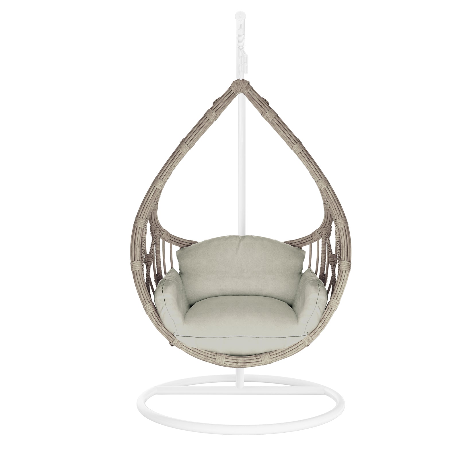 Hookipa Outdoor Rattan Egg Chair with Cushion in Sage, featuring a teardrop shape, beige woven wicker, and light cushion, suspended from a white metal stand for a gentle swing.