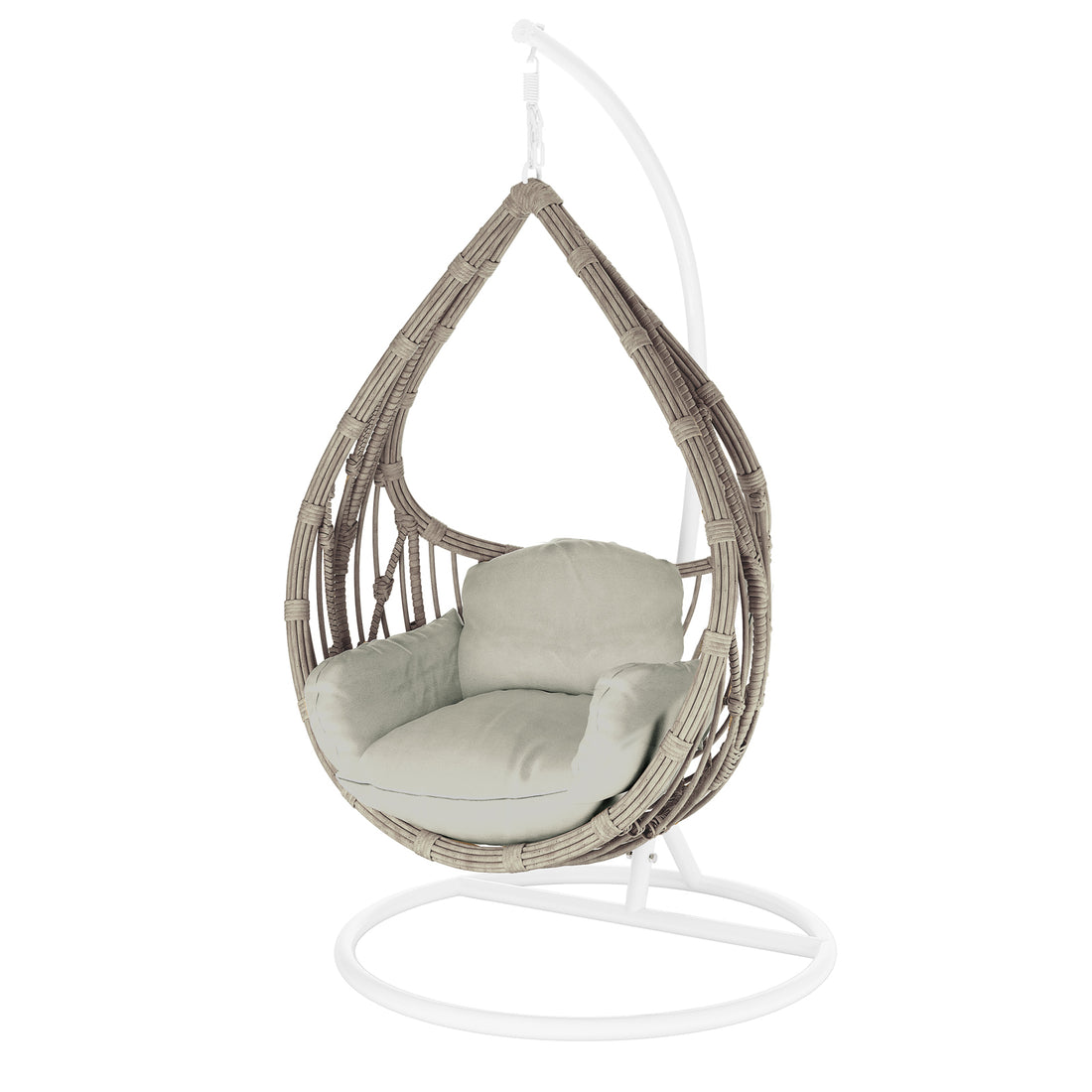 Hookipa Outdoor Rattan Egg Chair with Cushion in Sage features a woven rattan design, suspended from a sturdy metal stand, with a padded seat and backrest, epitomizing stylish comfort.