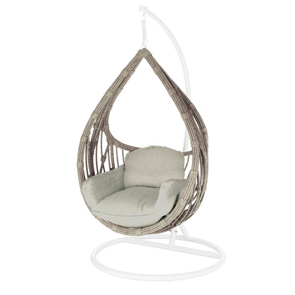 Hookipa Outdoor Rattan Egg Chair with Cushion in Sage features a woven rattan design, suspended from a sturdy metal stand, with a padded seat and backrest, epitomizing stylish comfort.