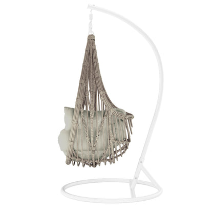 The Hookipa Outdoor Rattan Egg Chair with Cushion in Sage features a woven shell, curved white metal stand, and plush cushions, offering a stylish, comfortable seating option for indoor or patio use.