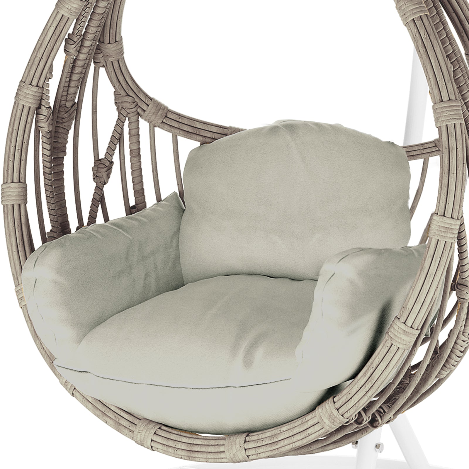 Hookipa Outdoor Rattan Egg Chair with Cushion in Sage, featuring a woven rattan frame suspended from a metal stand, complemented by thick cushions on the seat, back, and sides for comfort.