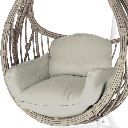 Hookipa Outdoor Rattan Egg Chair with Cushion in Sage, featuring a woven rattan frame suspended from a metal stand, complemented by thick cushions on the seat, back, and sides for comfort.